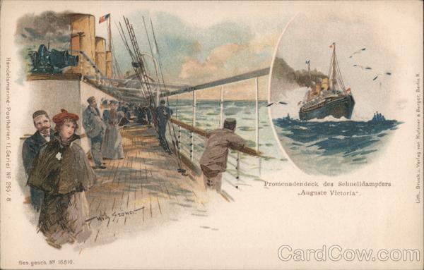 People on a ship in the water with a distant picture of the ship to the side.