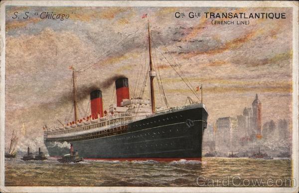S.S. Chicago, Cie Gle Transatlantique (French Line). Ship is shown in picturesque scene.