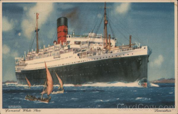Cunard White Star - Lancastria - Painting of the ship Lancastria with small sailboats nearby
