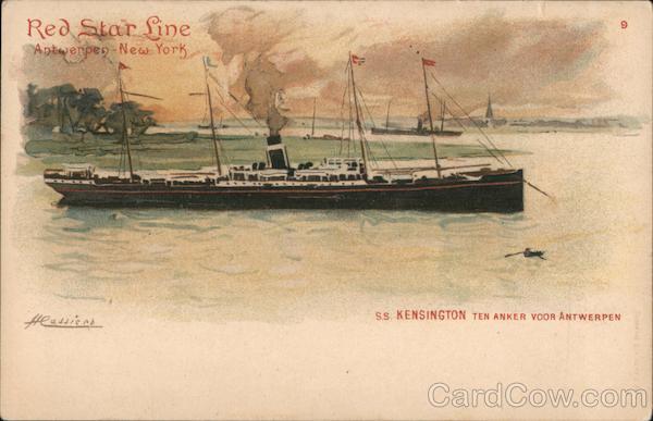 Red Star Line - S.S. Kensington. Antwerpen - New York. Ship is pictured.