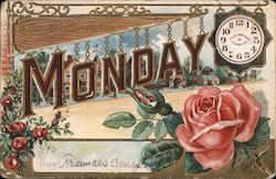 Monday and Clock and Rose Postcard