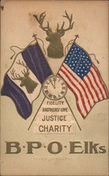 B.P.O. Elks - Fidelity, Brotherly Love, Justice, Charity. Flags, clock, and elk silhouettes. Postcard