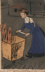 French Woman Pushing Basket of Bread Postcard