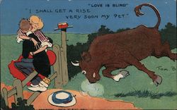 Couple Kissing on Bull's Fence Postcard