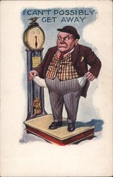 I Can't Possibly Get Away - Man with pulled out pockets standing on a scale. Postcard