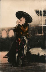 Woman in Sombrero Smoking Postcard
