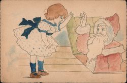 Hand Colored - Santa Claus and little girl, waving at each other Postcard