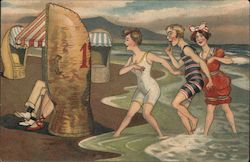 Three Swim-suited Ladies Sneak Up To Couple In Beach Chair Postcard