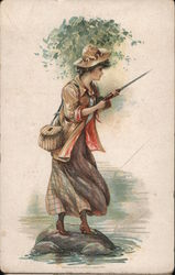 Woman Holds Fishing Rod, With Tackle Basket Over Shoulder Postcard