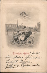 Woman and child in early car - "Happy Easter" Postcard