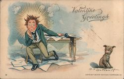 Valentine Greetings - cartoon of man at messy desk, with dog looking on Comic Postcard Postcard Postcard