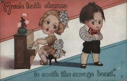 "Music hath charms to sooth the savage beast." Little girl plays piano and sings at pouting boy. Postcard