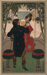 Man Giving Flowers To Woman In Red Dress Postcard