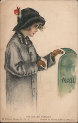 "The Sealed Verdict" - painting of woman in coat and hat, putting envelope in mailbox Postcard