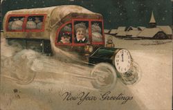 New Year Greetings - cargo truck with clock on front speeds toward the new year. Postcard