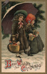 Two Girls Bringing Presents: Best Wishes for Christmas Postcard