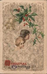 Christmas Greetings - Two Little Angels, Holly, and a Silver Bell Postcard