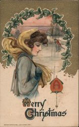 MERRY CHRISTMAS - WOMAN IN FRONT OF ICE SKATERS Postcard Postcard Postcard