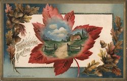 Thanksgiving Greeting - farm scene pictured on a leaf Postcard