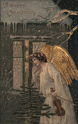 Angel Listening at Window of Home: A Merry Christmas Postcard