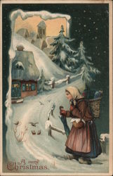 A Merry Christmas - woman walking through snowy outdoor scene Postcard