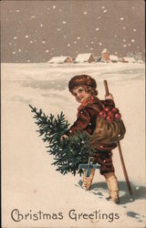 Christmas Greeting, child with backpack of apples carrying a christmas tree in the snow Postcard