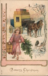 Girl Bringing Presents and Tree: A Merry Christmas Postcard