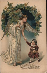 A Merry Christmas - Angel holding hand of small child Postcard