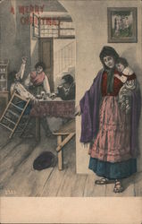 Mother and Child Hiding from Man Drinking and Arguing with Others Postcard
