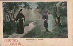 Christmas Greetings. "Erinnerungen - Souvenir" - Couple out for walk passes monk walking on path Postcard