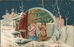 A Merry Christmas - children playing with dolls Postcard