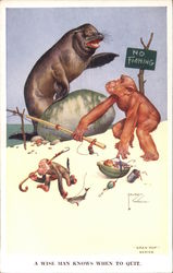2 Monkey's fishing, Seal on rock pointing at no fishing sign Postcard
