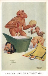 "We can't get on without you!" - Monkeys trying to take a bath in a tub and a pig looking for food. Lawson Wood Postcard Postcar Postcard
