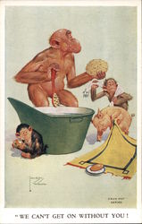 "We can't get on without you!" - Monkeys trying to take a bath in a tub and a pig looking for food. Postcard