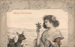 Girl Holding Bouquet With Deer: Merry Christmas Postcard