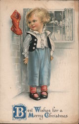 BEST WISHES FOR A MERRY CHRISTMAS - CHILD LOOKING AT STOCKING Postcard
