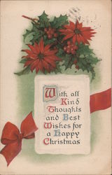 With all Kind Thoughts and Best Wishes for a Happy Christmas - holly leaves and ribbon Postcard
