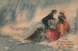 Children Play in Snow by Pond, With All Good Wishes for the Brightest New Years Postcard