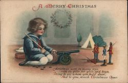 Christmas illustration of a small boy child playing with a 1900s military toy set w/ cannon & sword Postcard