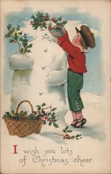 I WISH YOU LOTS OF CHRISTMAS CHEER - BOY BUILDING SNOWMAN Snowmen Postcard Postcard Postcard