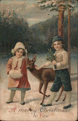 A Merry Christmas to You - Children, Mistletoe and Doe in Winter Forest Postcard