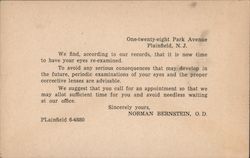 Norman Bernstein, O.D. Correspondence Card Optometrist Plainfield, NJ Postal Cards & Correspondence Postcard Postcard Postcard