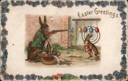 Easter Bunny Shooting At Eggs Target Easter Greetings With Basket Postcard