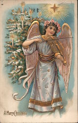Angel Playing Violin Star Christmas Tree A Merry Christmas Postcard