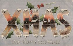Xmas with hearty good wishes - word XMAS contains painting of a snowy village Postcard