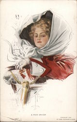 Drawing of an intent woman managing a car steering wheel with the wind inflating her driving bonnet! Women Postcard Postcard Postcard