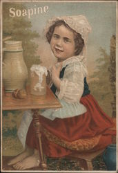 Soapine - picture of girl seated at table, mug with foam in front of her Trade Card