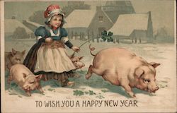 To Wish You a Happy New Year - Girl, Four Leaf Clovers and Pigs Postcard