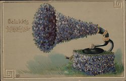 Grammophone Made of Forget Me Not Flowers: Gelukkig Nieuwjaar Postcard