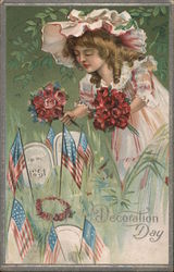 Girl Planting Flags in Cemetery: Decoration Day Postcard